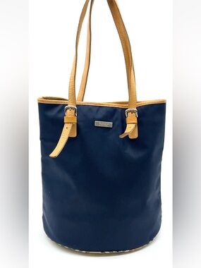 Burberry Navy Bucket Tote with Tan Trim